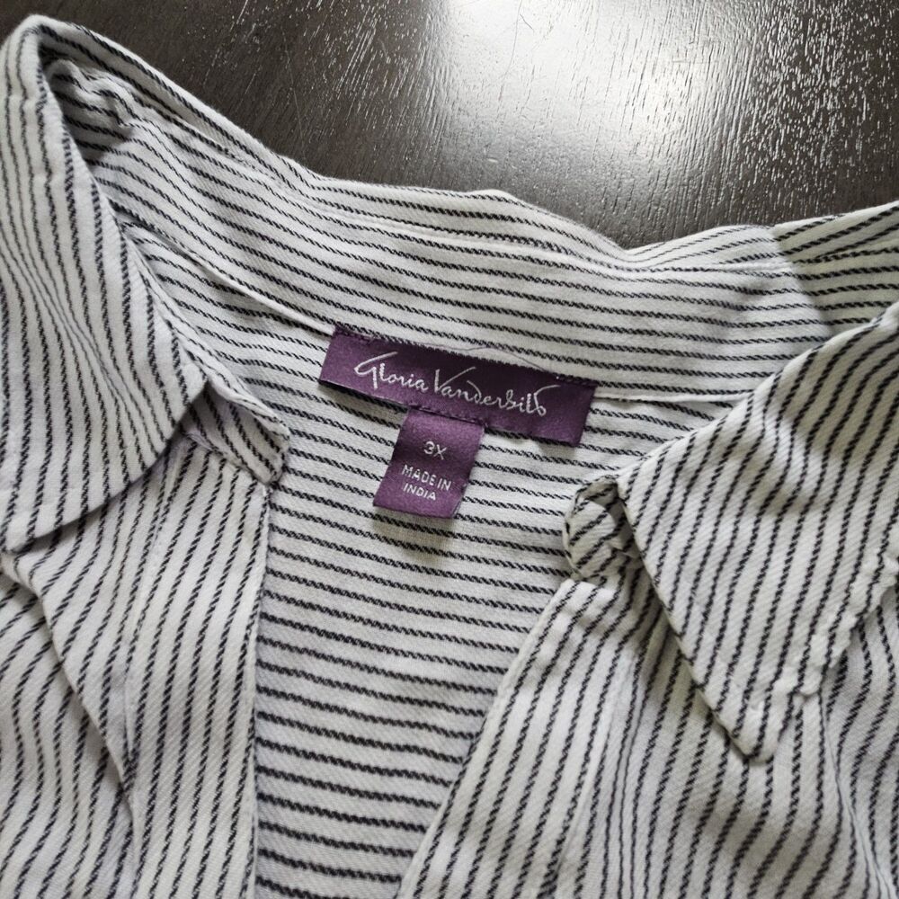 Gloria Vanderbilt 3X Gray Striped Short Dolman Sleeve Button Up Top Blouse Boxy - Picture 3 of 6